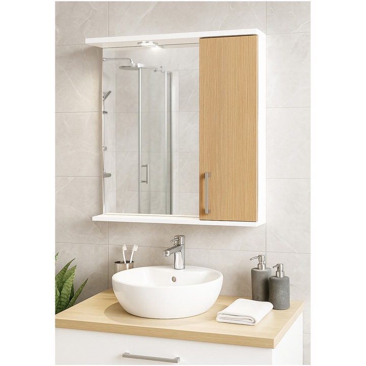 Oglinda cu dulap si iluminare LED Badenmob, 60x60x14cm, Alb/Fag, clasa energetica D