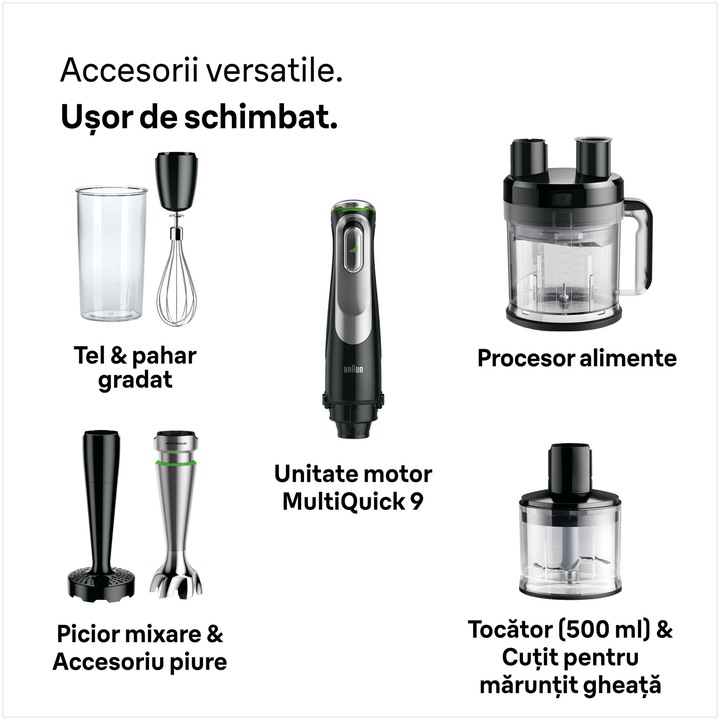 Mixer vertical Braun MQ9187XLI, 1200 W, viteza variabila SmartSpeed, Procesor alimente 2l, Tocator 500 ml, Accesoriu framantare, Accesorii feliere, Tel, Pahar gradat 600 ml, Negru