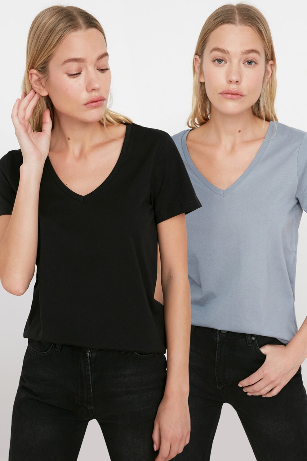 Trendyol, Set de tricouri cu decolteu in V - 2 piese, Negru