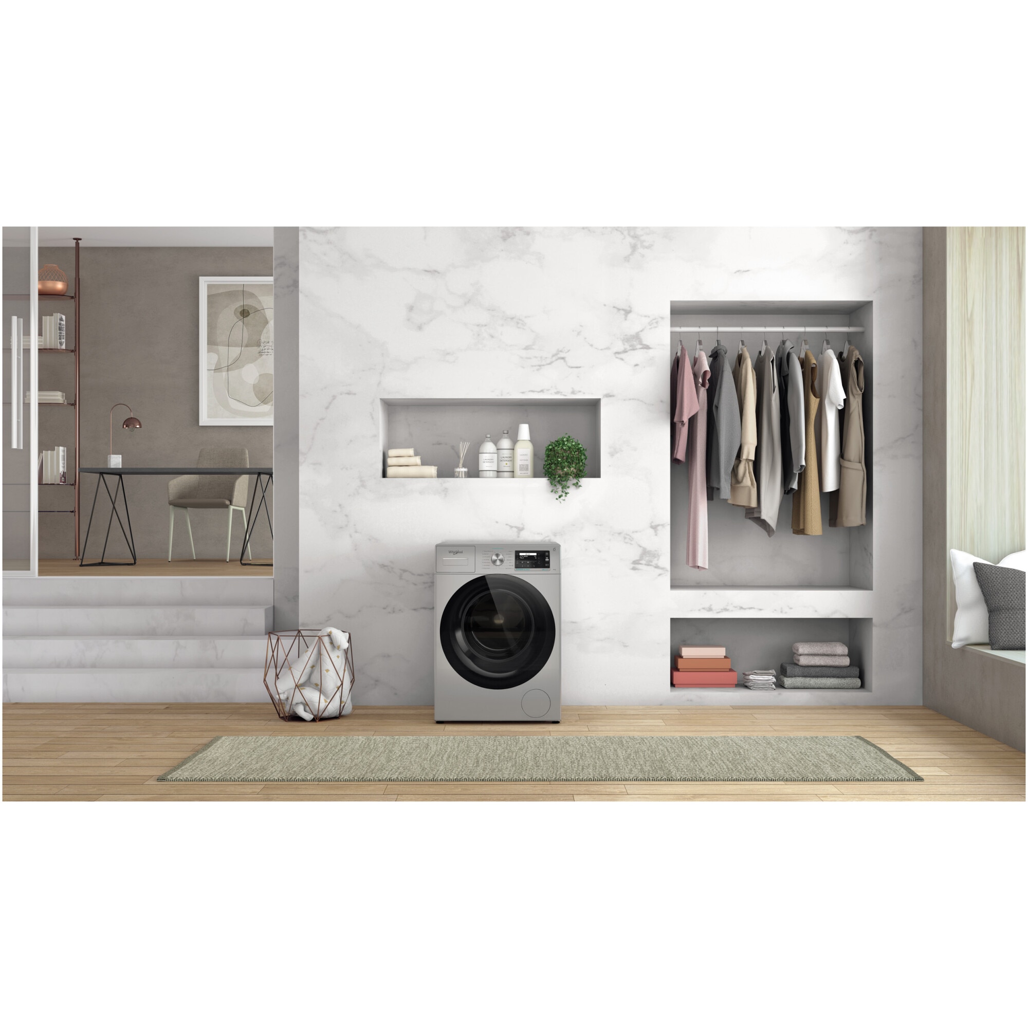 Masina de spalat rufe Whirlpool Supreme Silence W6W945SBEE, 9 kg, 1400 rpm, Clasa B, Al 6-lea Simt, Motor Zen Direct Drive, FreshCare+, Steam Refresh, Steam Hygiene, Display LCD, Argintiu