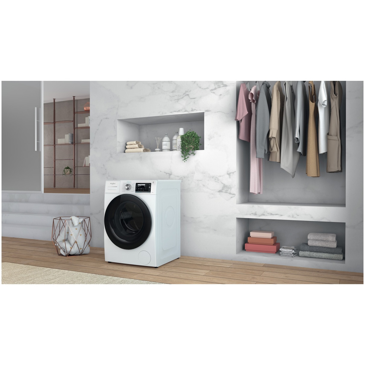 Masina de spalat rufe Whirlpool Supreme Silence W6W045WBEE, 10 kg, 1400 rpm, Clasa B, Al 6-lea Simt, Motor Zen Direct Drive, FreshCare+, Steam Refresh, Steam Hygiene, Display LCD, Alb