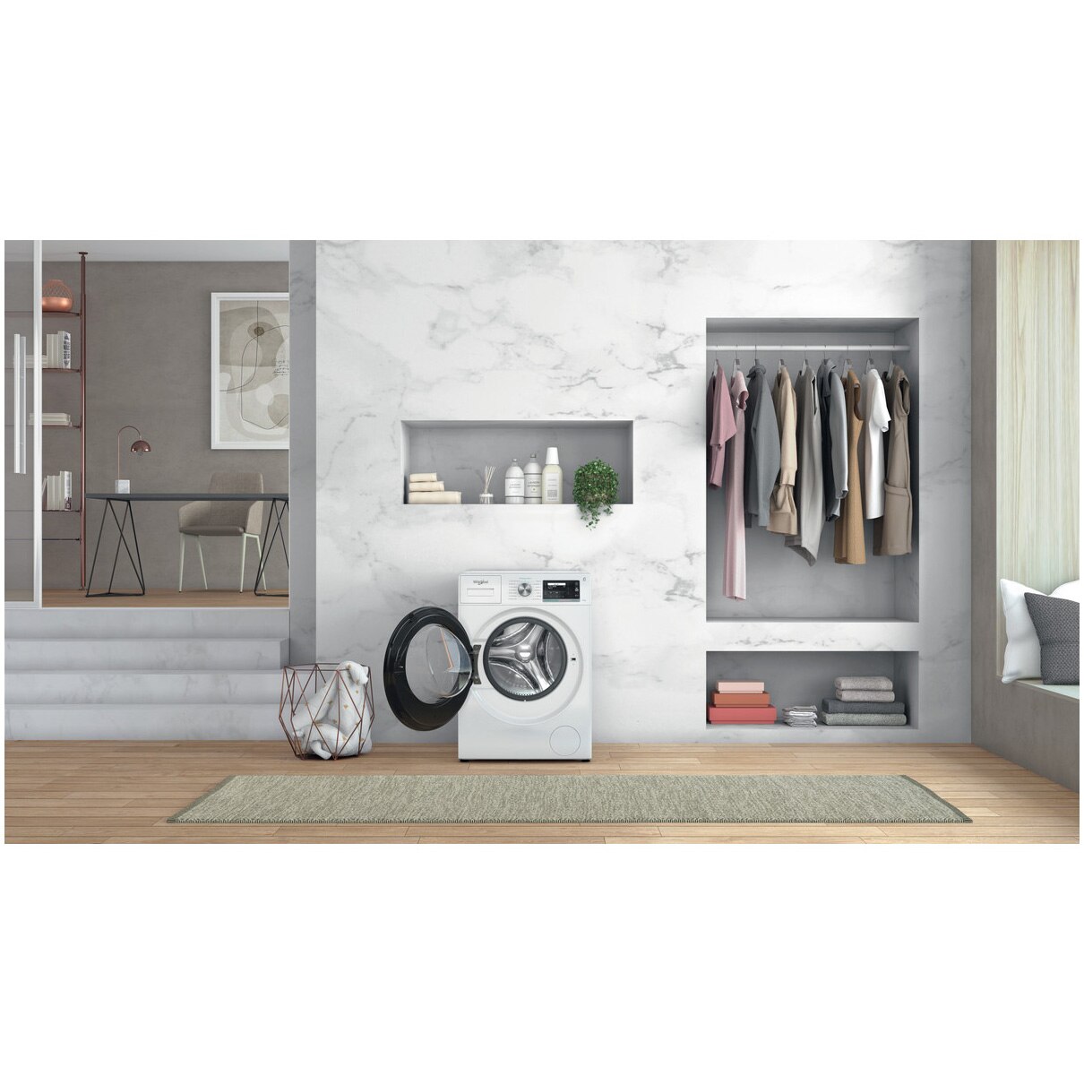 Masina de spalat rufe Whirlpool Supreme Silence W6W045WBEE, 10 kg, 1400 rpm, Clasa B, Al 6-lea Simt, Motor Zen Direct Drive, FreshCare+, Steam Refresh, Steam Hygiene, Display LCD, Alb