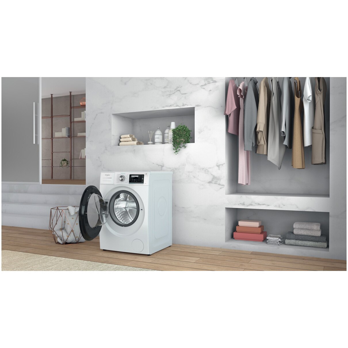 Masina de spalat rufe Whirlpool Supreme Silence W6W045WBEE, 10 kg, 1400 rpm, Clasa B, Al 6-lea Simt, Motor Zen Direct Drive, FreshCare+, Steam Refresh, Steam Hygiene, Display LCD, Alb
