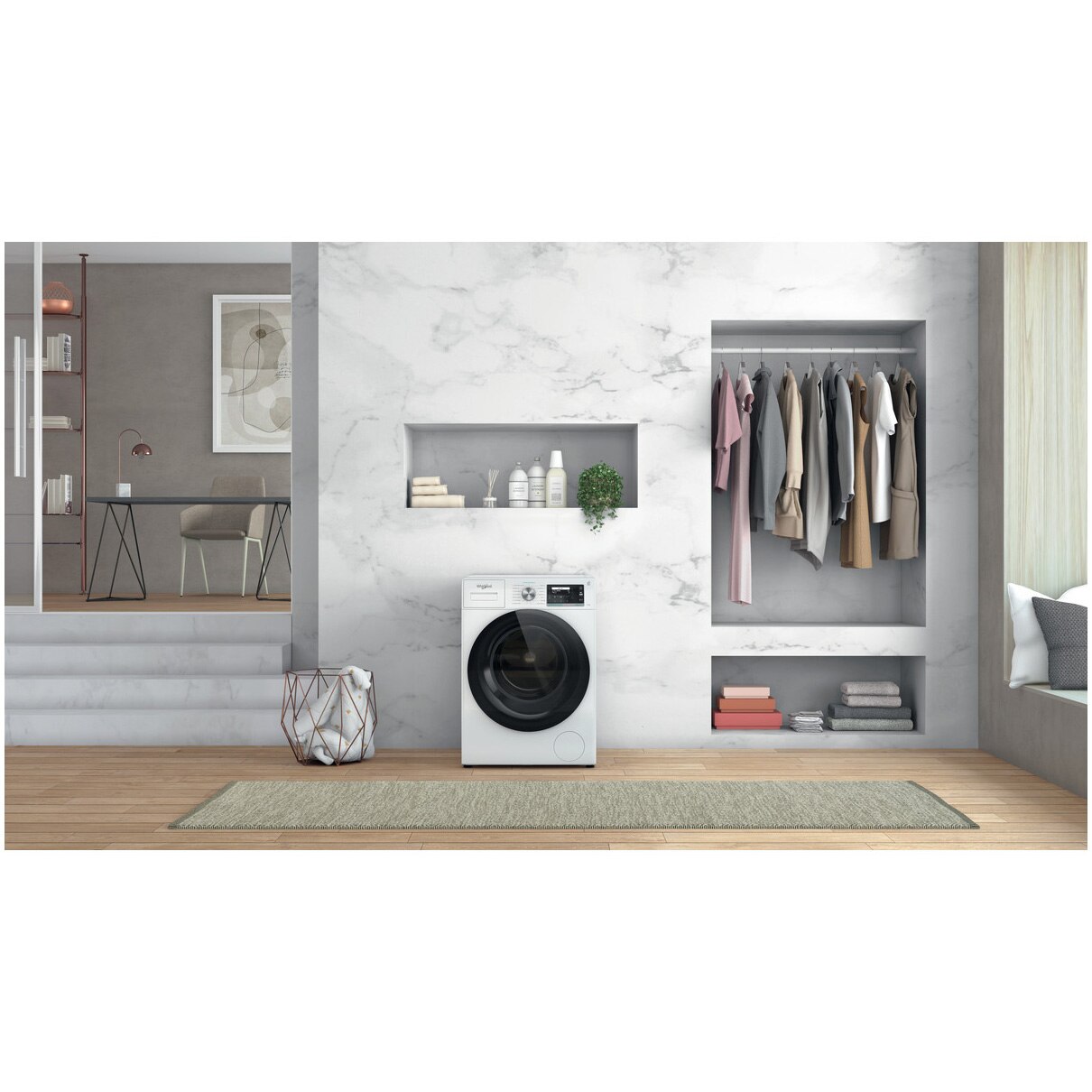Masina de spalat rufe Whirlpool Supreme Silence W6W045WBEE, 10 kg, 1400 rpm, Clasa B, Al 6-lea Simt, Motor Zen Direct Drive, FreshCare+, Steam Refresh, Steam Hygiene, Display LCD, Alb