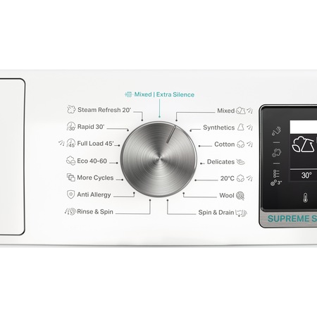 Masina de spalat rufe Whirlpool Supreme Silence W8W046WBEE, 10 kg, 1400 rpm, Clasa A, Al 6-lea Simt, Motor Zen Direct Drive, WaterSave, FreshCare+, Steam Refresh, Steam Hygiene, Display LCD, Alb