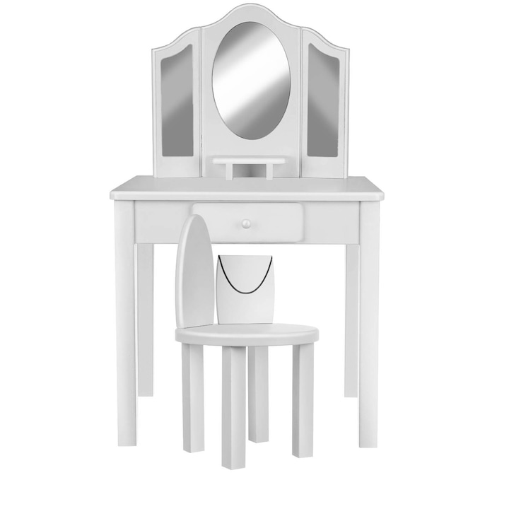 MT Malatec Toalett asztal készlet, 34,5x48x82 cm, szék, 3 tükör, fiók, elegáns kivitel, fehér