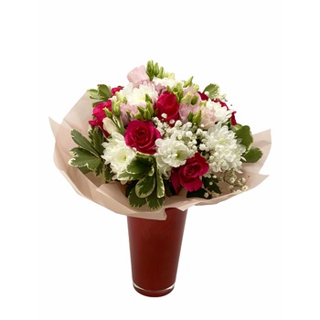 Buchet de flori, Floraria Amazon, trandafiri, crizanteme, eustoma, alb, roz Buchet de flori, Floraria Amazon, trandafiri, crizanteme, eustoma, alb, roz