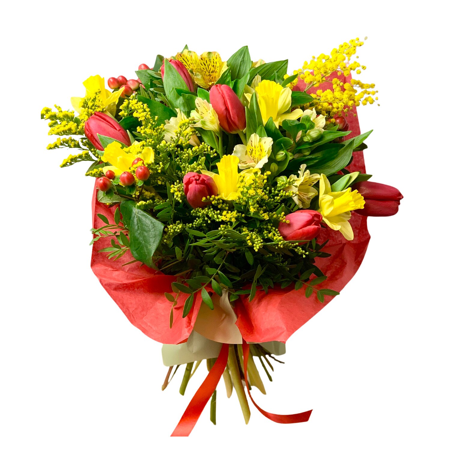 Iubire de primavara, Floraria Amazon, lalele, narcise, solidago, rosu, galben