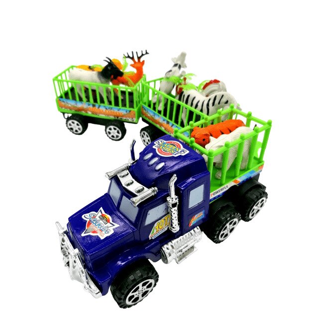 Set masinuta tip Tir cu animale salbatice si palmieri, plastic, albastru , 10 piese