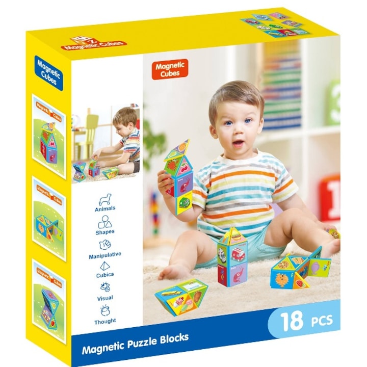 Set Magnetic Puzzle Blocks, 18 piese, +3 ani, Toys Bazaar
