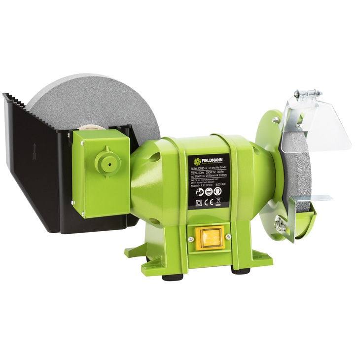 Polizor stationar electric dublu Fieldmann FDSB 200251-E, 200 W, 230 V, 2960 RPM, 2 pietre slefuire, slfeuire umed-uscat\