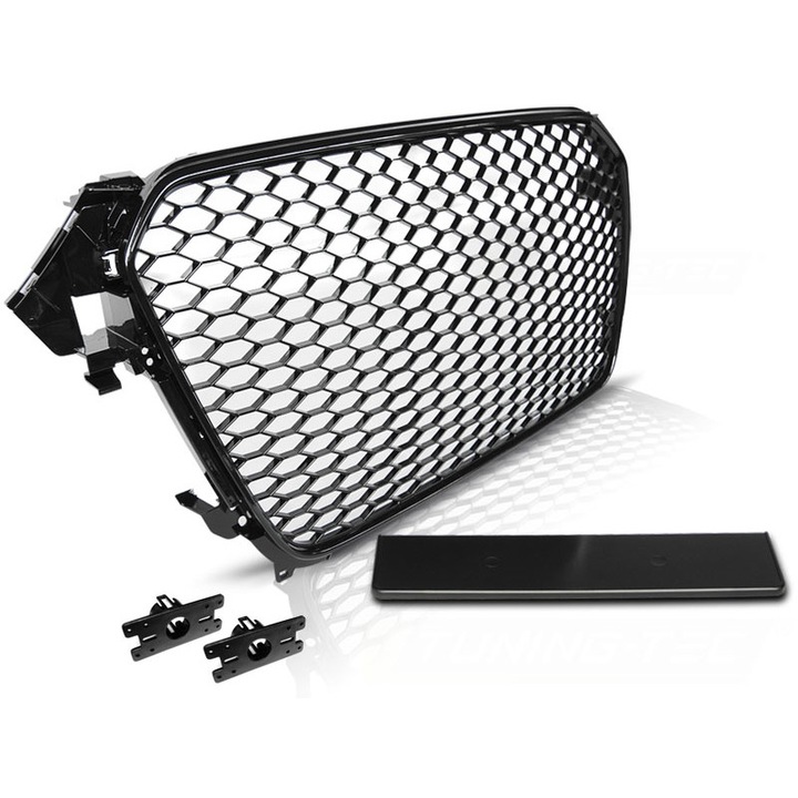 Grilă față Tuningtec pentru Audi A4 (B8) Rs-Type 11.11-15, Negru lucios, suport logo, suporturi pentru senzori PDC