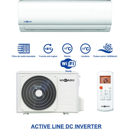Aparat de aer conditionat HOKKAIDO model ACTIVE LINE 12000 BTU HKEU 353 ZAL / HCNI 353 ZA Inverter WIFI Ready Incazire in intervalul -25 + 30 grade Celsius Racire in intervalul -15 + 50 grade Celsius + amortizoare