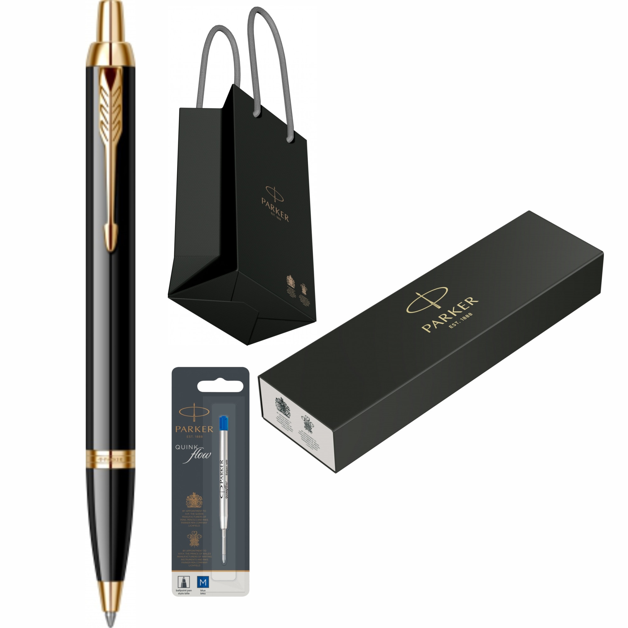 Set Parker Pix IM Royal Black Lacquer GT personalizat prin Gravura Laser cu rezerva mina pix Quink Flow Albastru M/ F in cutie si punga