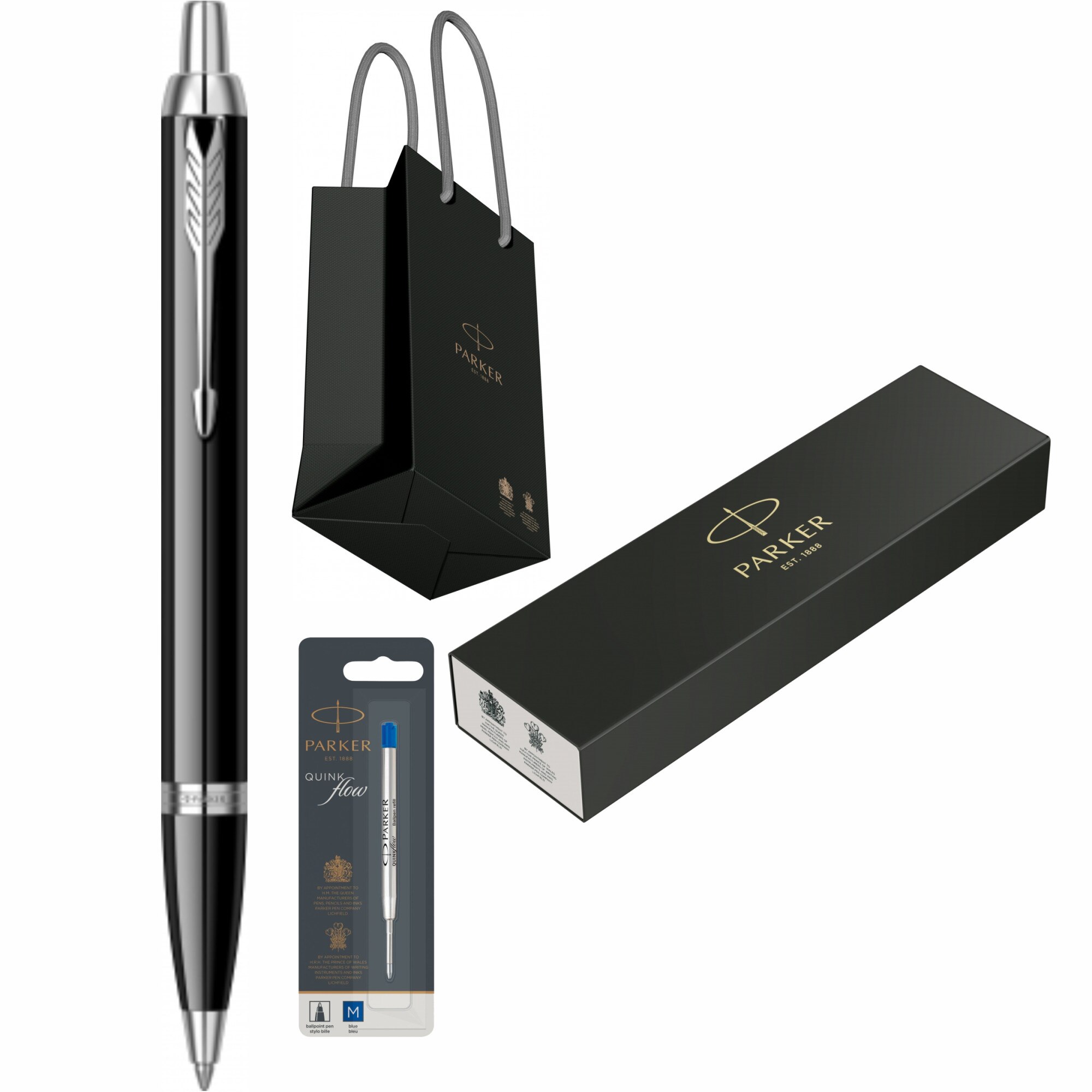Set Parker Pix IM Royal Black Lacquer CT personalizat prin Gravura Laser cu rezerva mina pix Quink Flow Albastru M/ F in cutie si punga