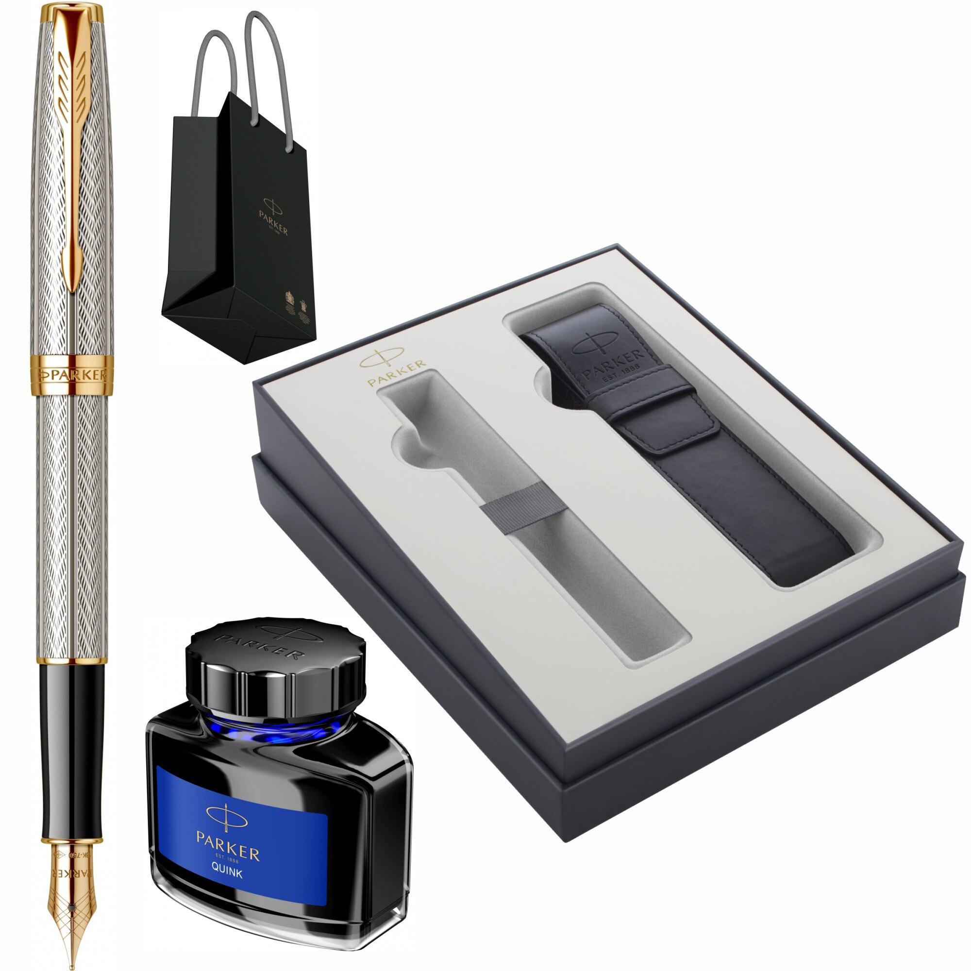 Set Stilou Parker Sonnet Royal Fougere Sterling Silver GT cu penita din aur de 18k si corp si capac din argint masiv de 925 cu etui piele Focus Collection, calimara cerneala si Punga