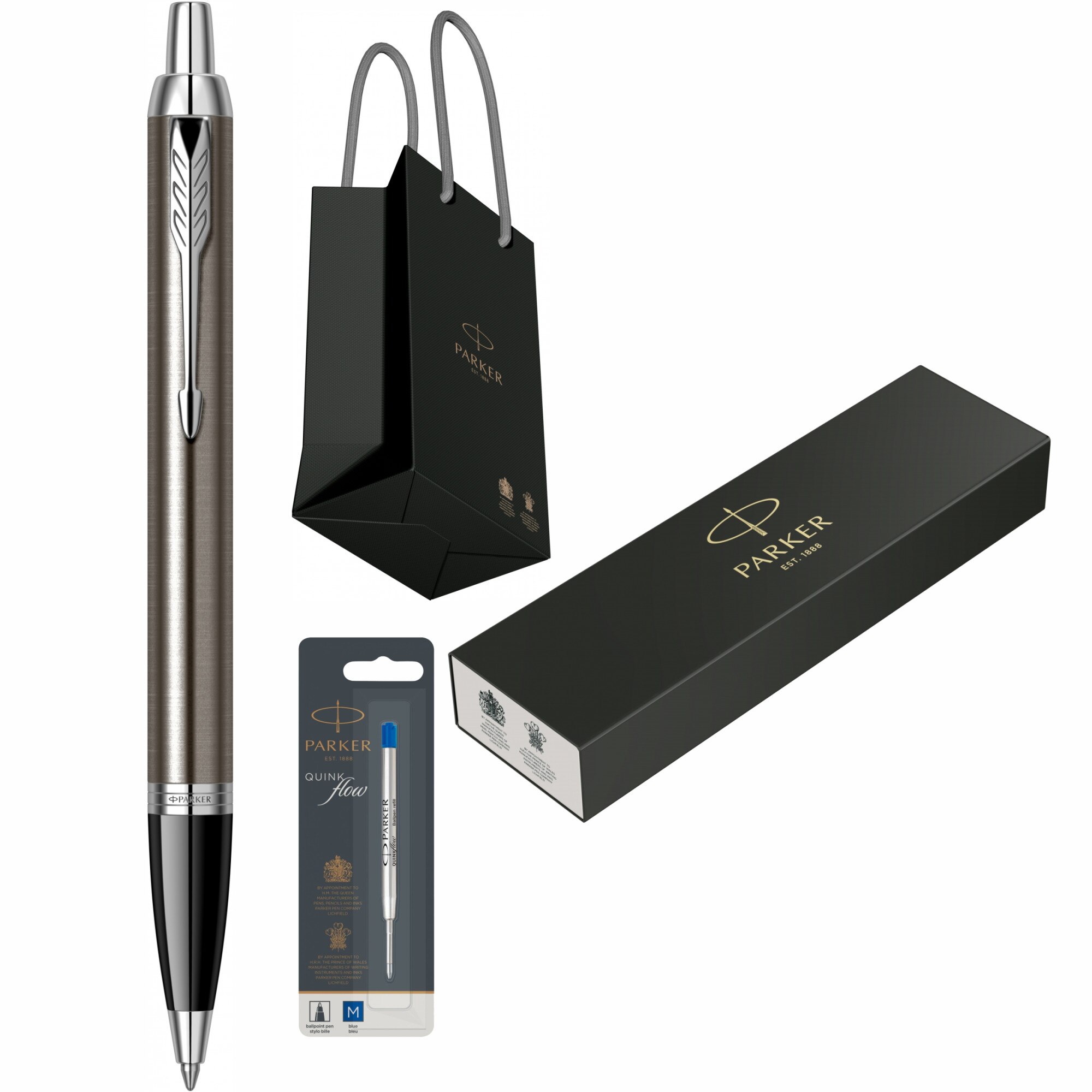 Set Parker Pix IM Royal Dark Espresso CT personalizat prin Gravura Laser cu rezerva mina pix Quink Flow Albastru M/ F in cutie si punga