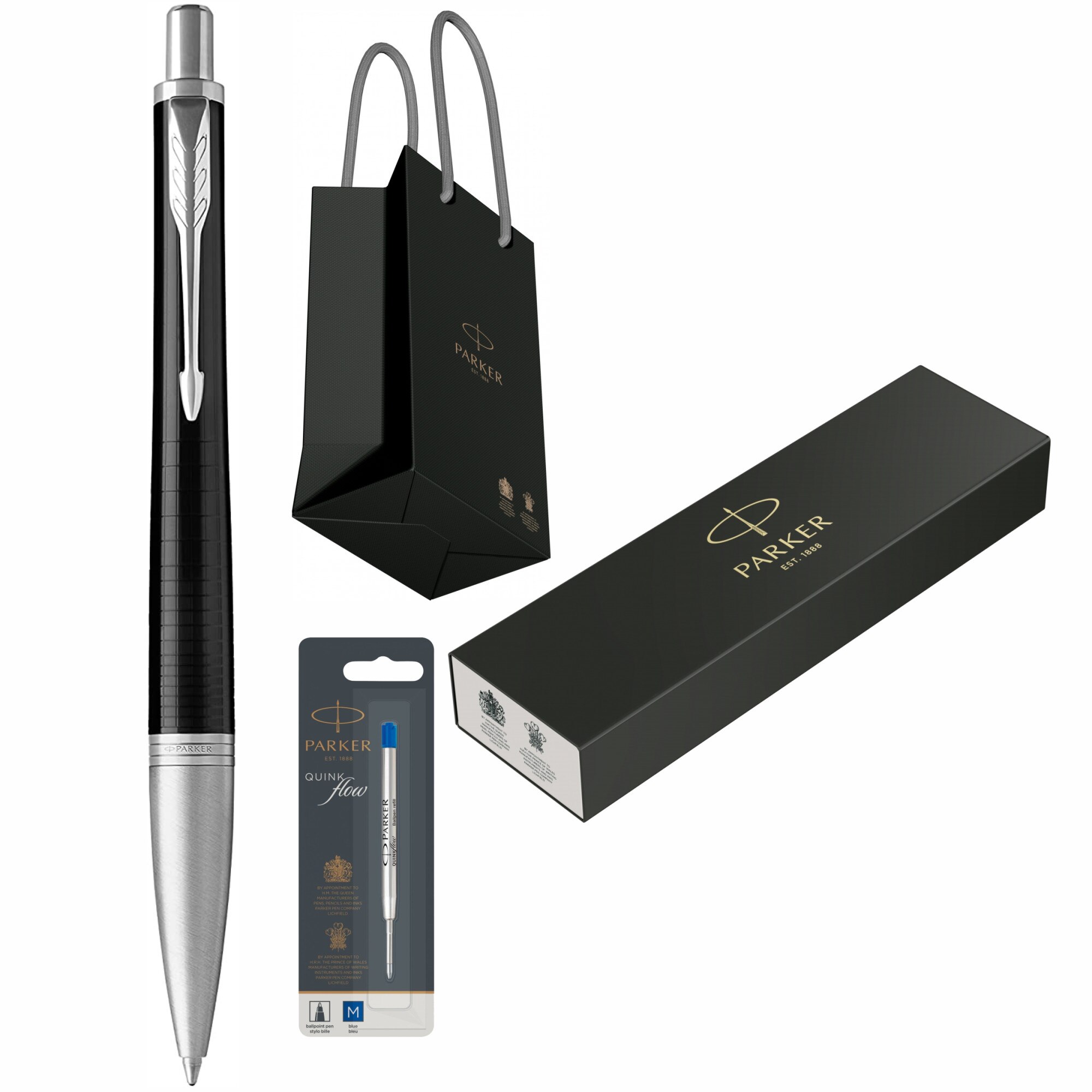 Set Parker Pix Urban Royal Premium Ebony Metal Chiselled CT personalizat prin Gravura Laser cu rezerva mina pix Quink Flow Albastru M/ F in cutie si punga