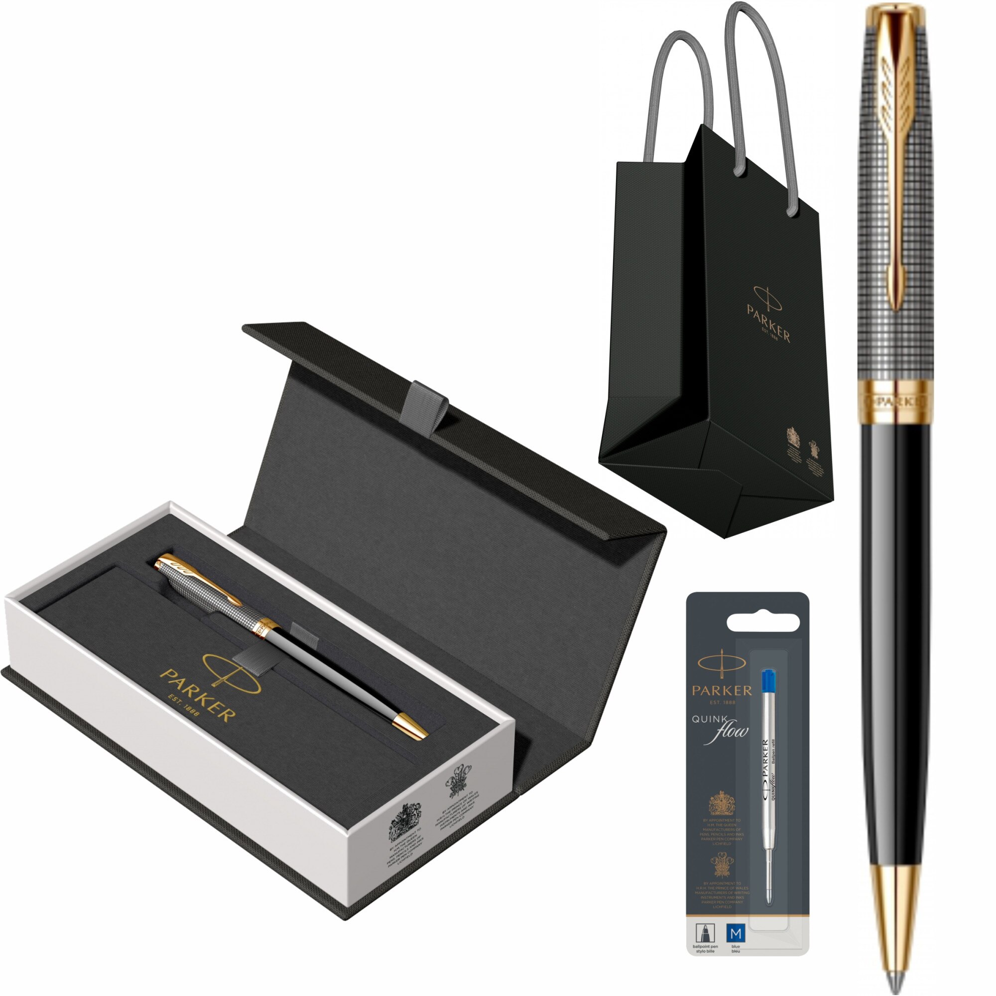 Set Parker Pix Sonnet Royal Chiselled Silver & Black GT personalizat prin Gravura Laser cu rezerva mina pix Quink Flow Albastru M/ F in cutie si punga