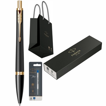 Set Parker Pix Urban Royal Muted Black GT personalizat prin Gravura Laser cu rezerva mina pix Quink Flow Albastru M/ F in cutie si punga Set Parker Pix Urban Royal Muted Black GT personalizat prin Gravura Laser cu rezerva mina pix Quink Flow Albastru M/ F in cutie si punga