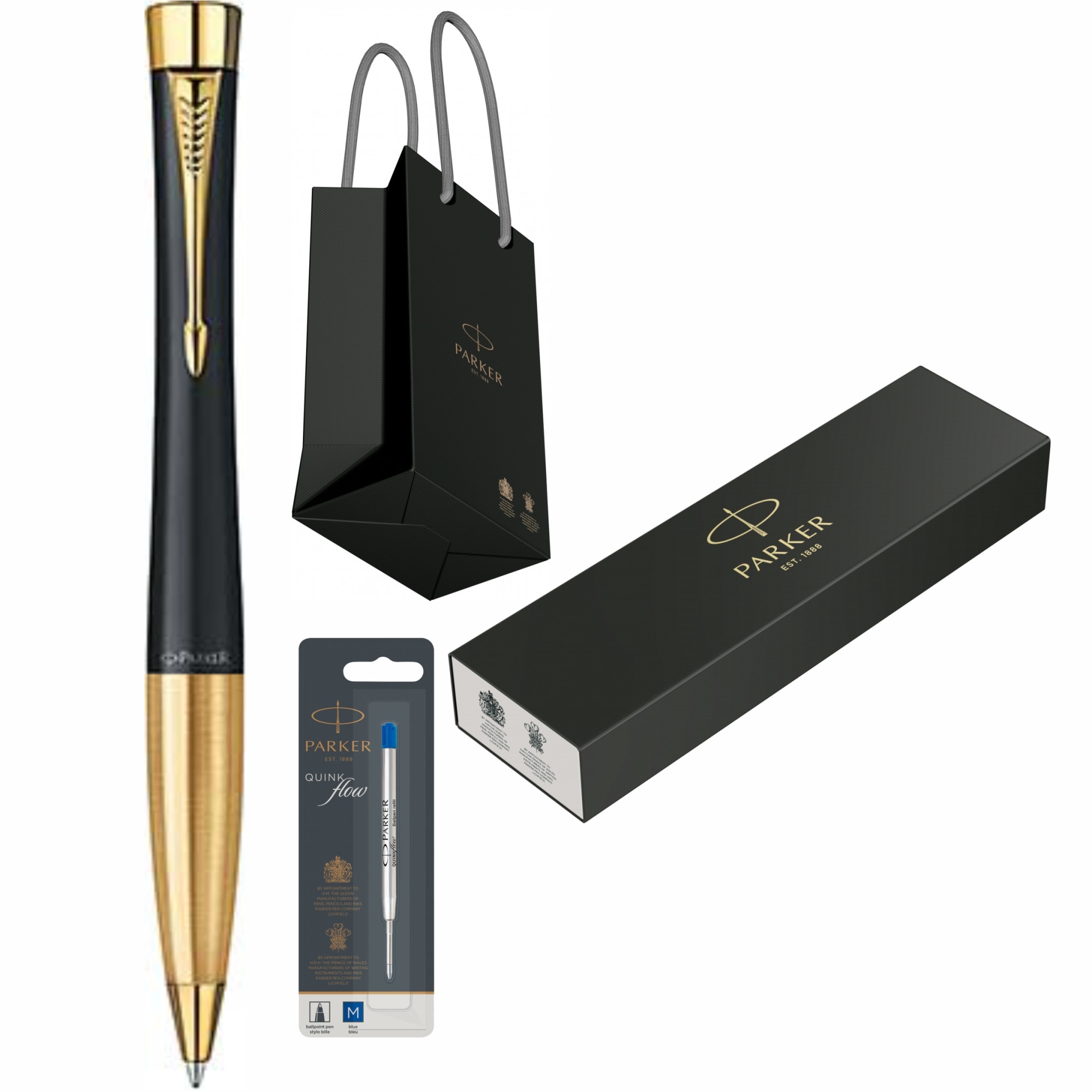 Set Parker Pix Urban Standard Muted Black GT personalizat prin Gravura Laser cu rezerva mina pix Quink Flow Albastru M/ F in cutie si punga