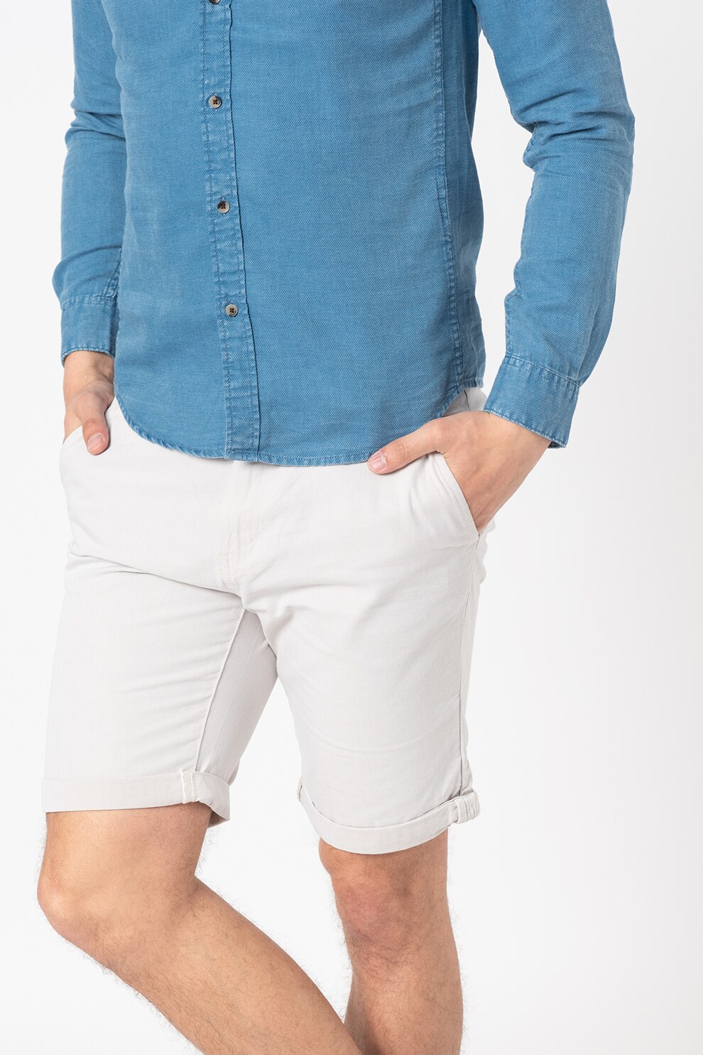 Tom Tailor, Pantaloni chino scurti cu o curea impletita, Gri deschis, 2XL