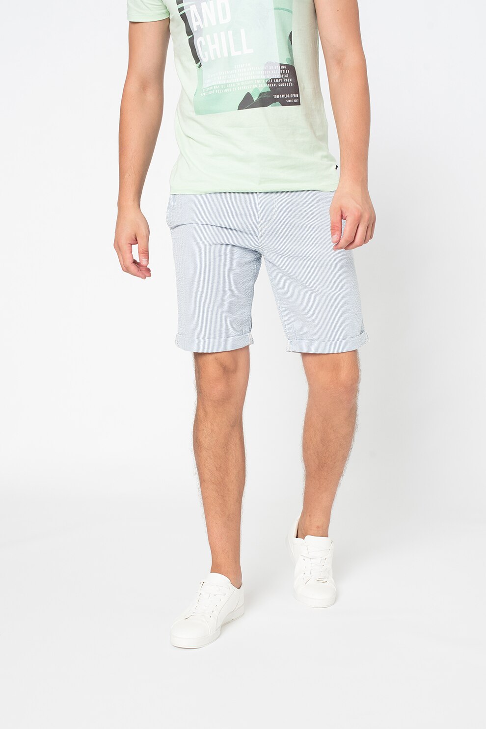 Tom Tailor, Pantaloni scurti chino cu dungi, Alb/Albastru