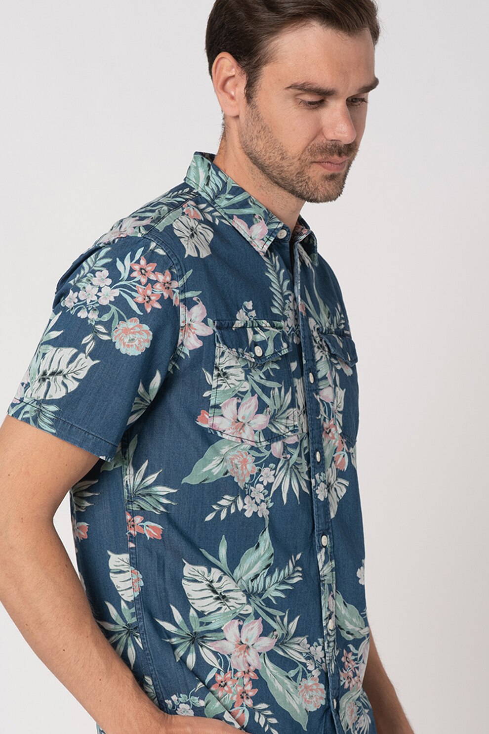 SUPERDRY, Camasa cu imprimeu si maneci scurte, Albastru inchis, S