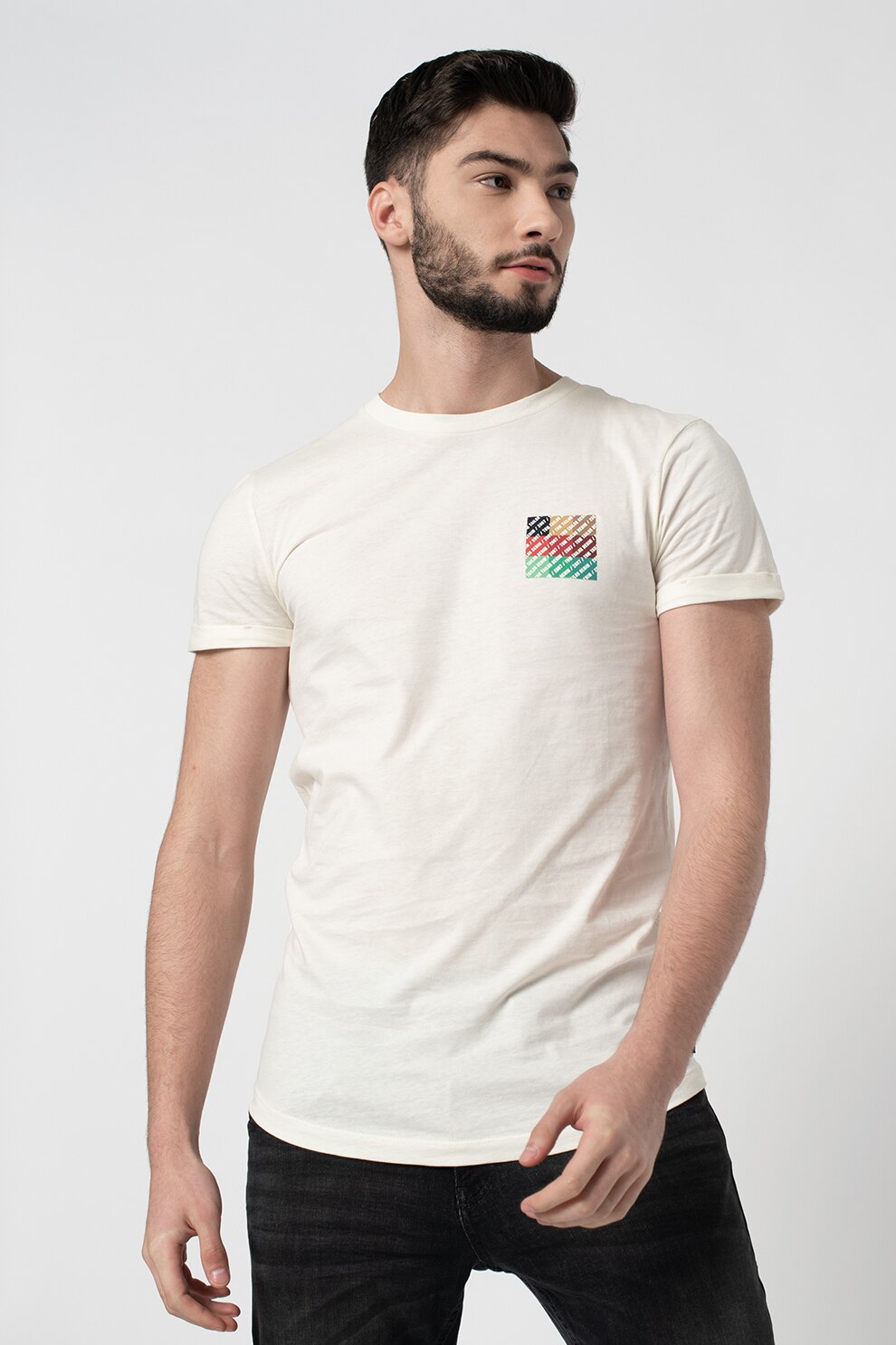 Tom Tailor, Tricou regular fit cu imprimeu pe piept, Crem/Rosu/Verde