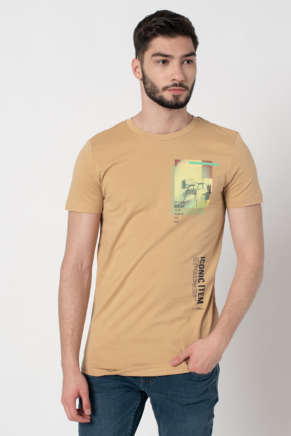 Tom Tailor, Tricou regular fit cu imprimeu, Maro camel/Bleumarin