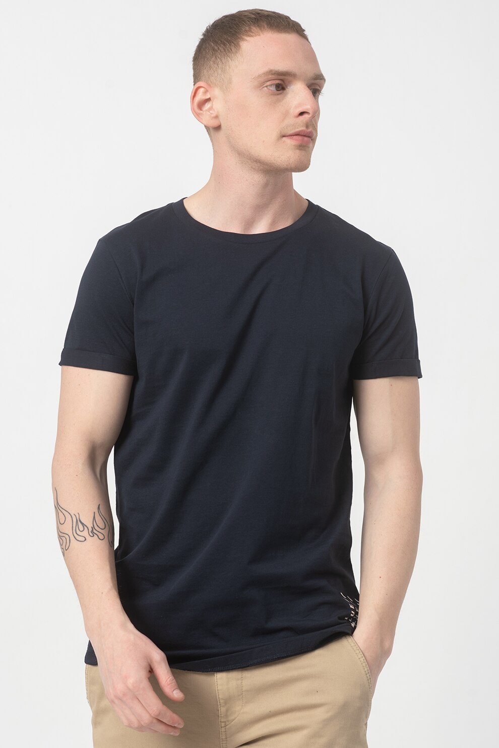 Tom Tailor, Tricou din jerseu cu decolteu la baza gatului, Bleumarin inchis, S