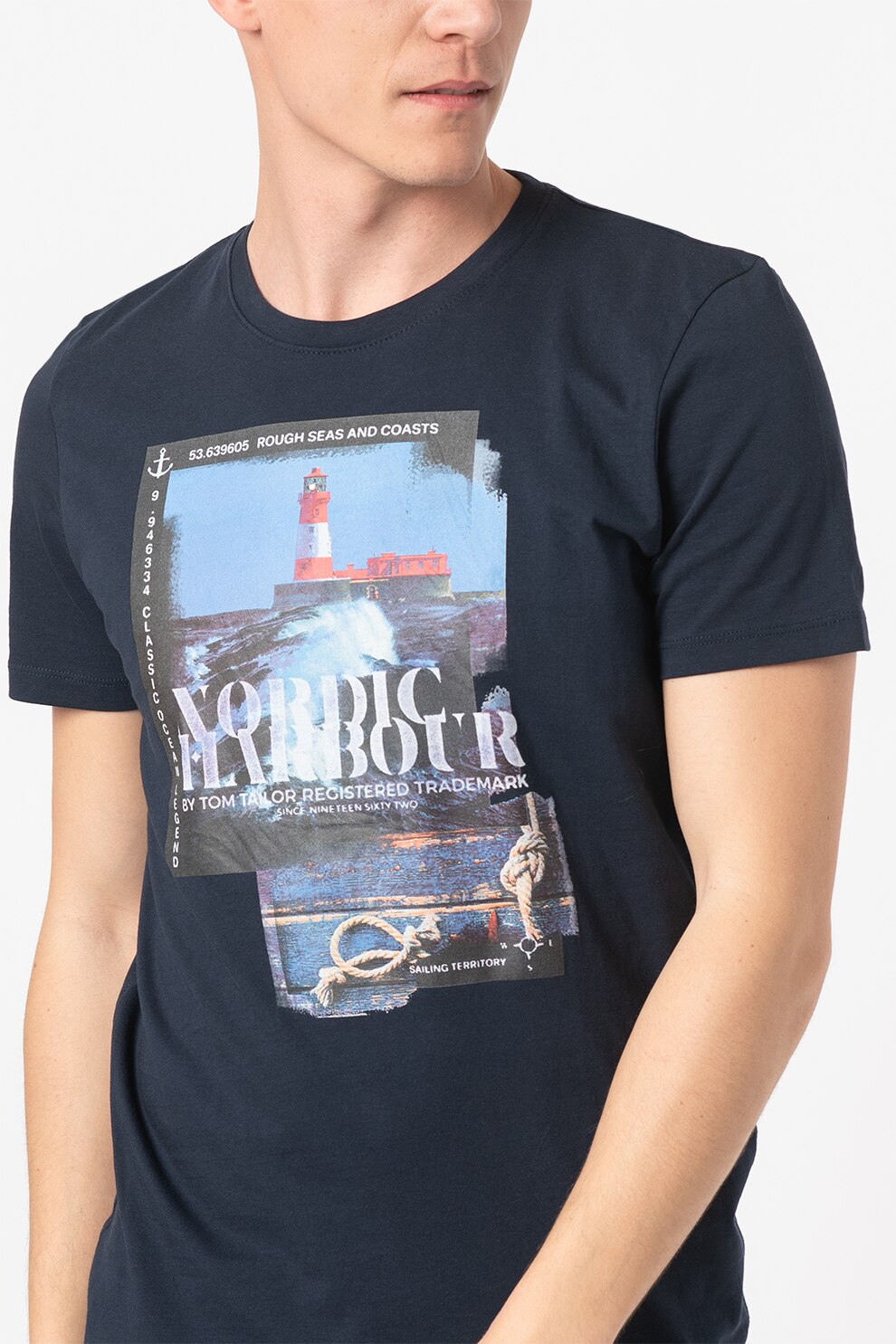 Tom Tailor, Tricou de bumbac cu imprimeu grafic, Bleumarin/Rosu/Alb, S