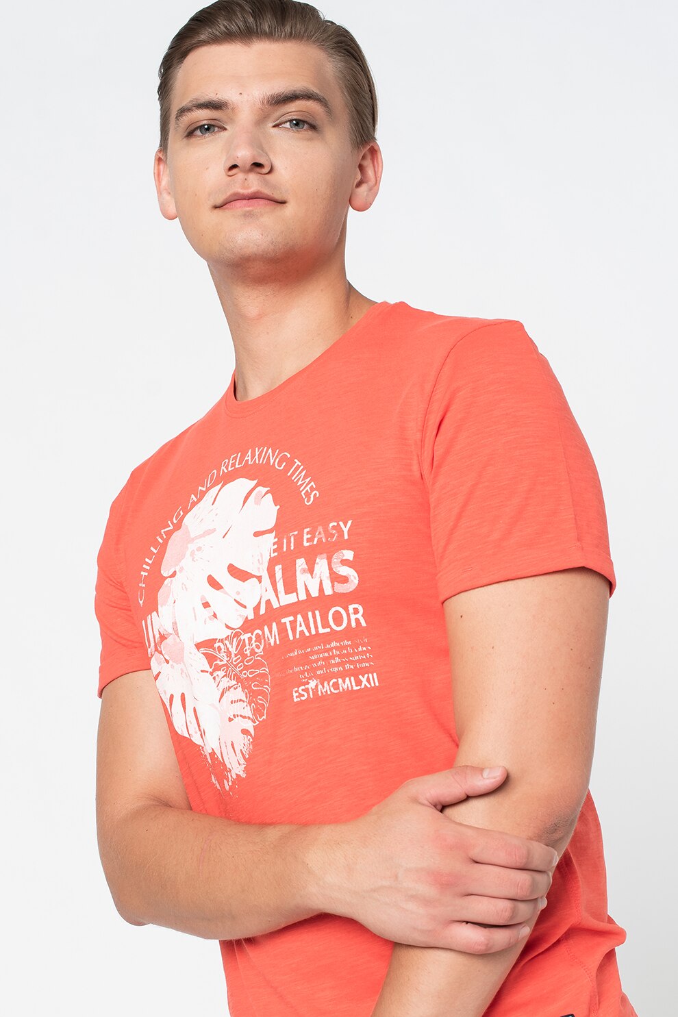 Tom Tailor, Tricou de bumbac cu imprimeu, Corai, S