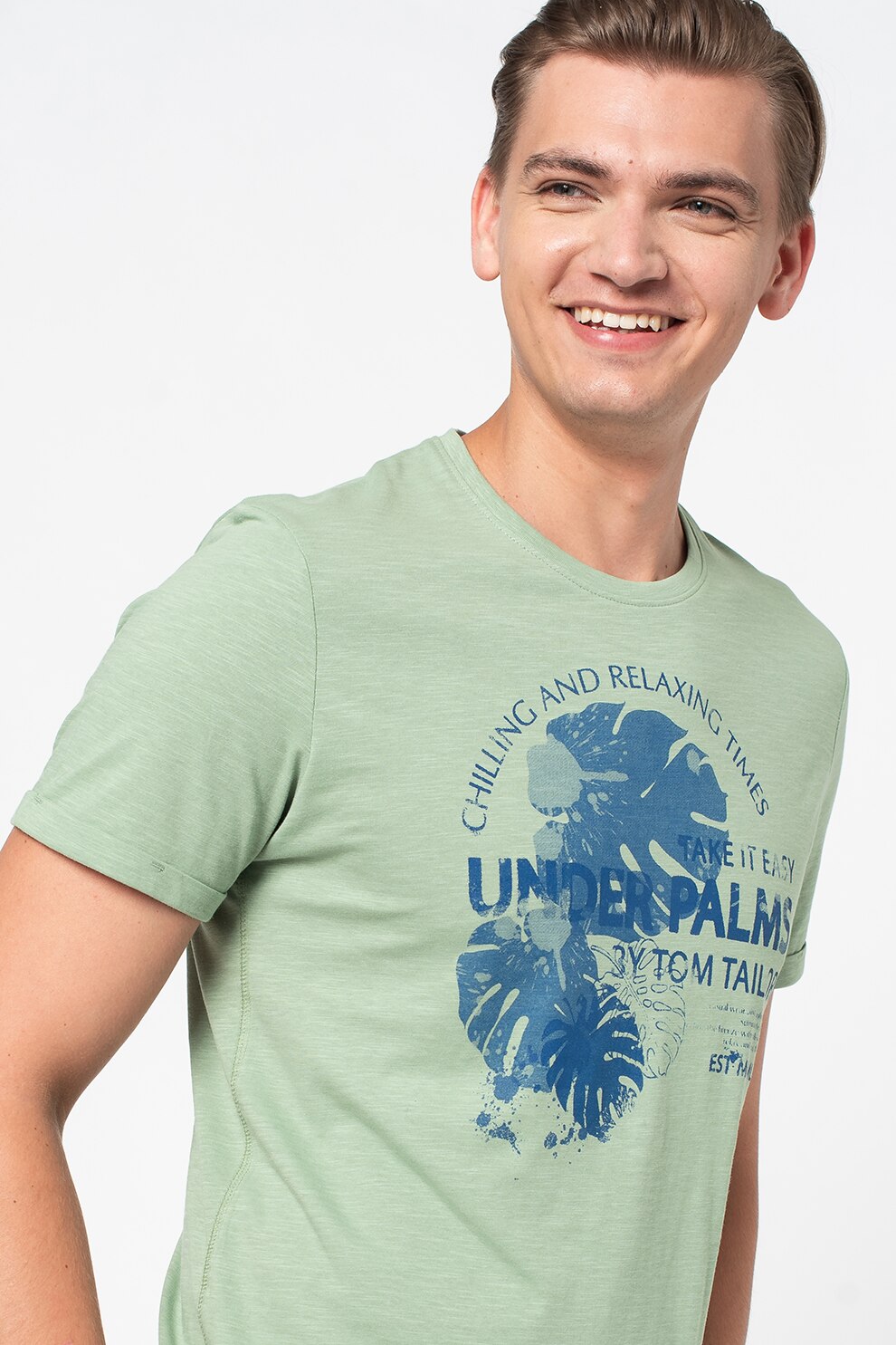 Tom Tailor, Tricou de bumbac cu imprimeu, Verde menta, S