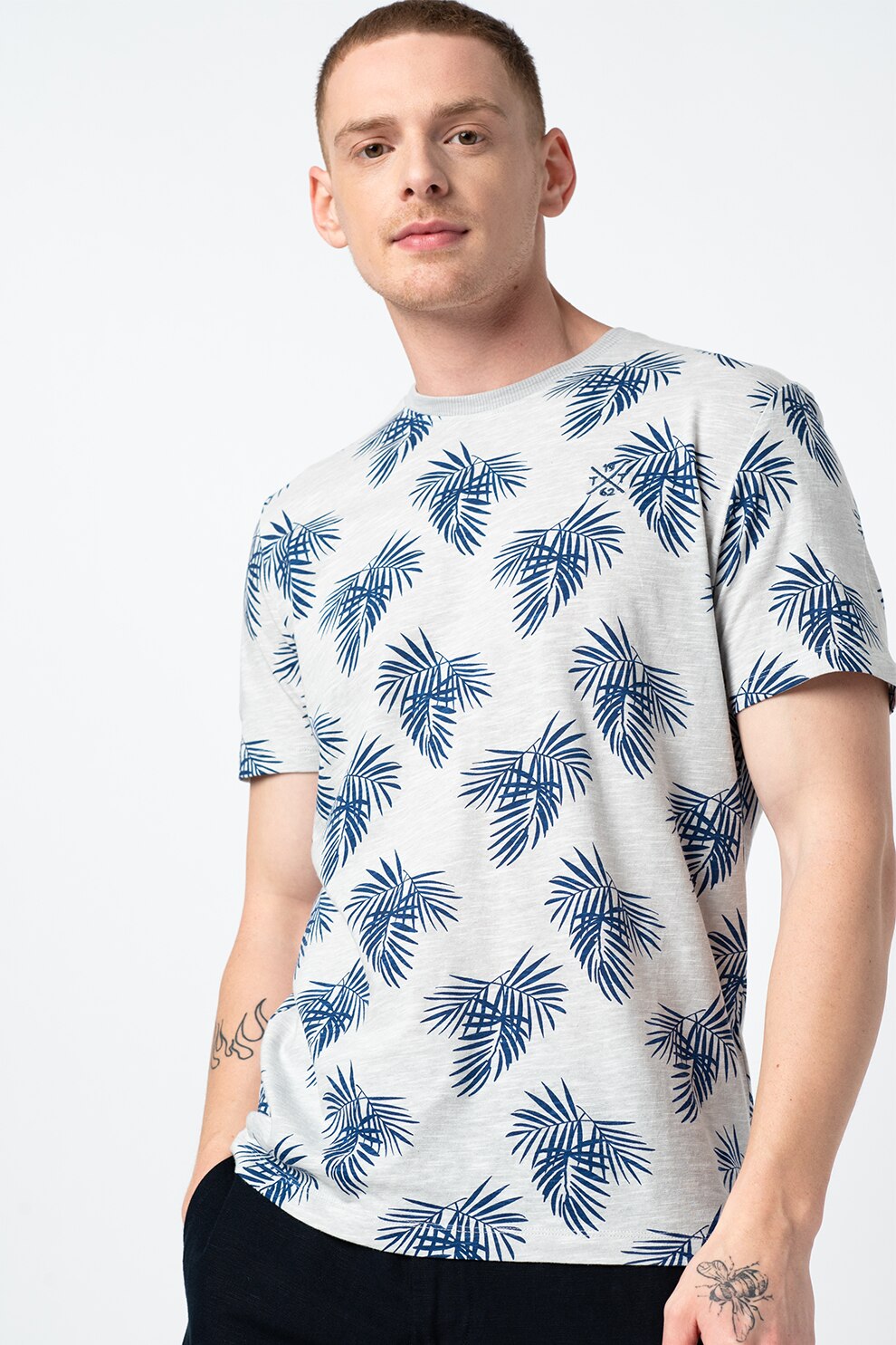 Tom Tailor, Tricou regular fit cu imprimeu, Gri melange/Bleumarin