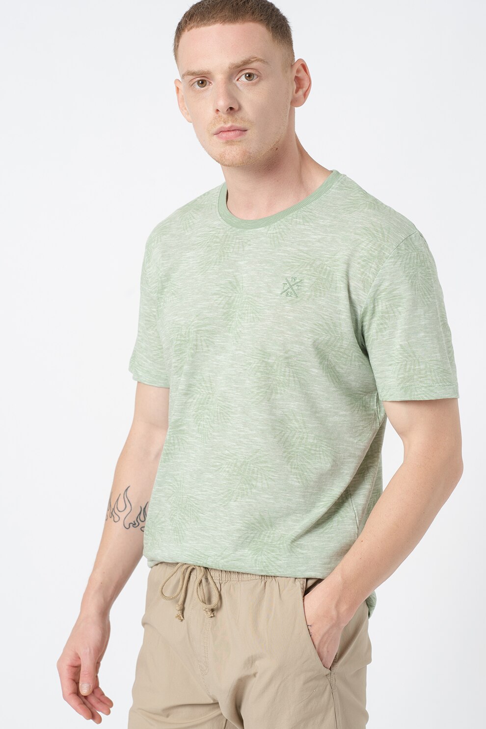 Tom Tailor, Tricou regular fit cu imprimeu, Verde melange