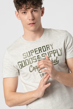 SUPERDRY, Tricou slim fit cu model grafic Workwear, Gri deschis melange/Verde