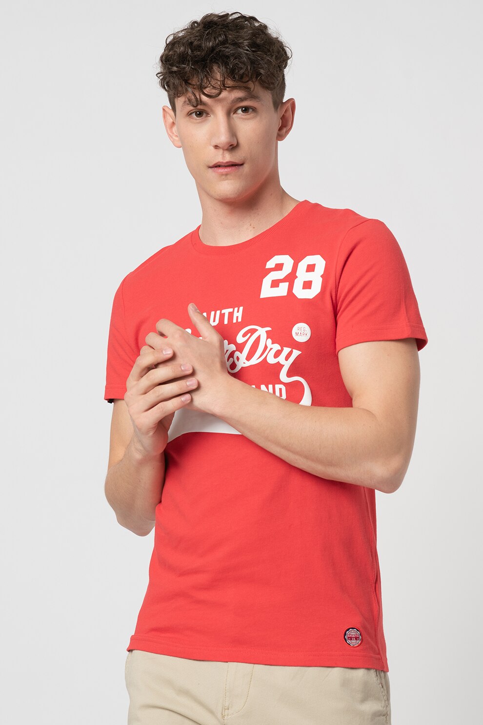 SUPERDRY, Tricou slim fit cu model grafic Collegiate, Rosu/Alb