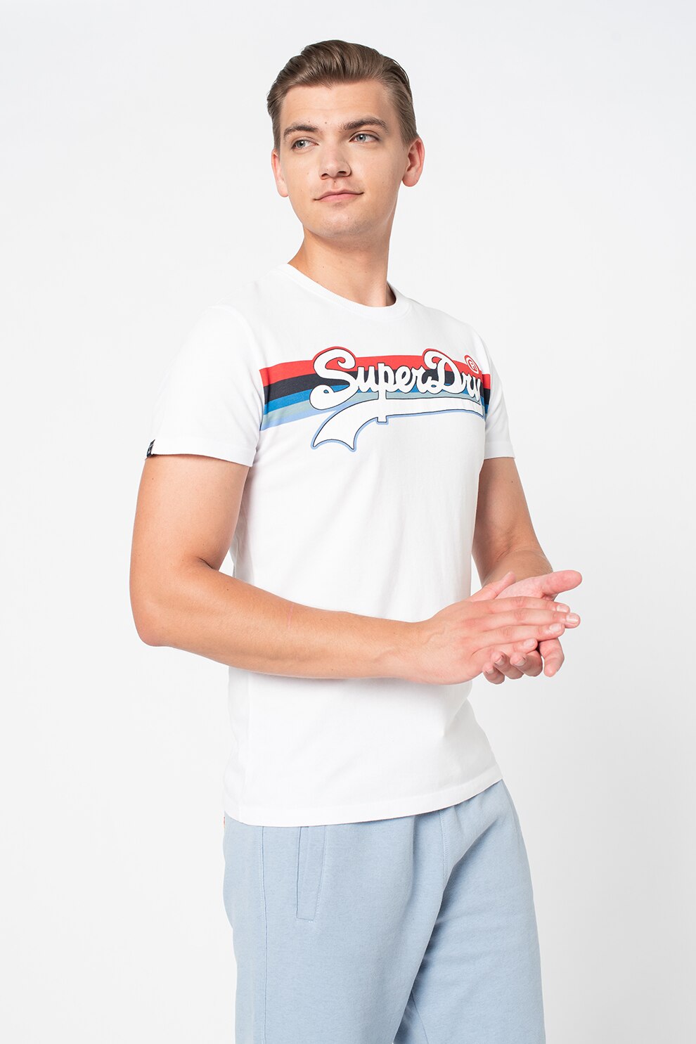 SUPERDRY, Tricou cu imprimeu logo si decolteu la baza gatului, Alb optic