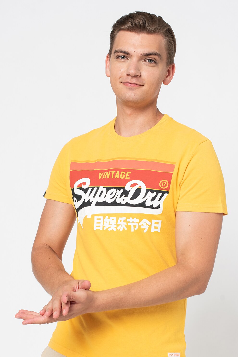 SUPERDRY, Tricou cu imprimeu logo si decolteu la baza gatului, Galben sofran