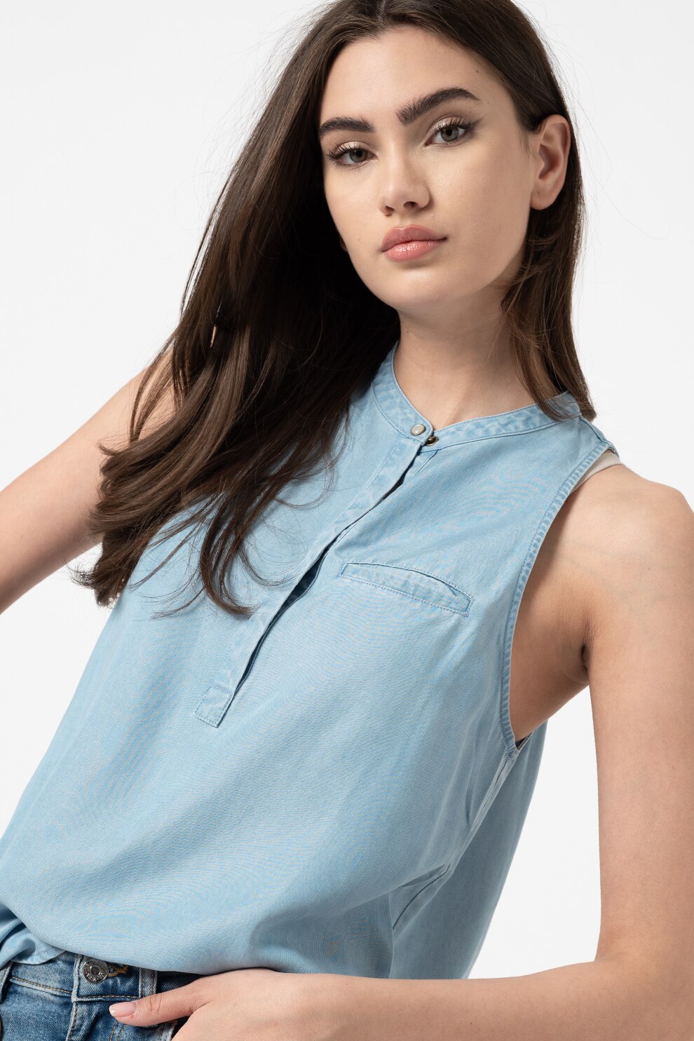 SUPERDRY, Top din chambray cu buzunar pe piept, Albastru deschis