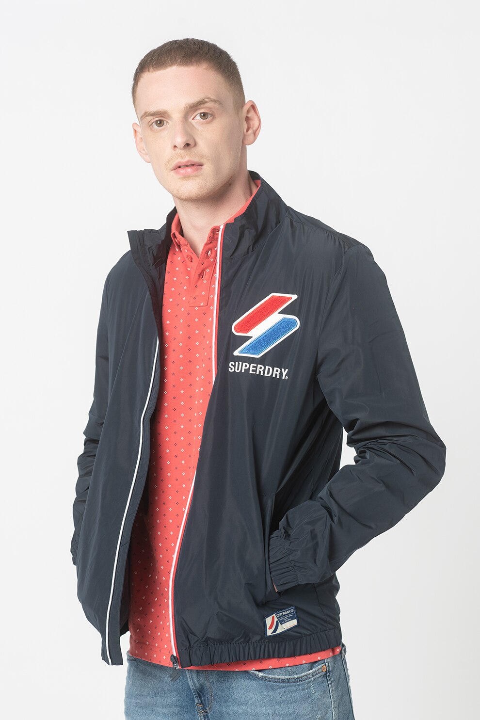 SUPERDRY, Jacheta usoara cu logo brodat, Bleumarin inchis