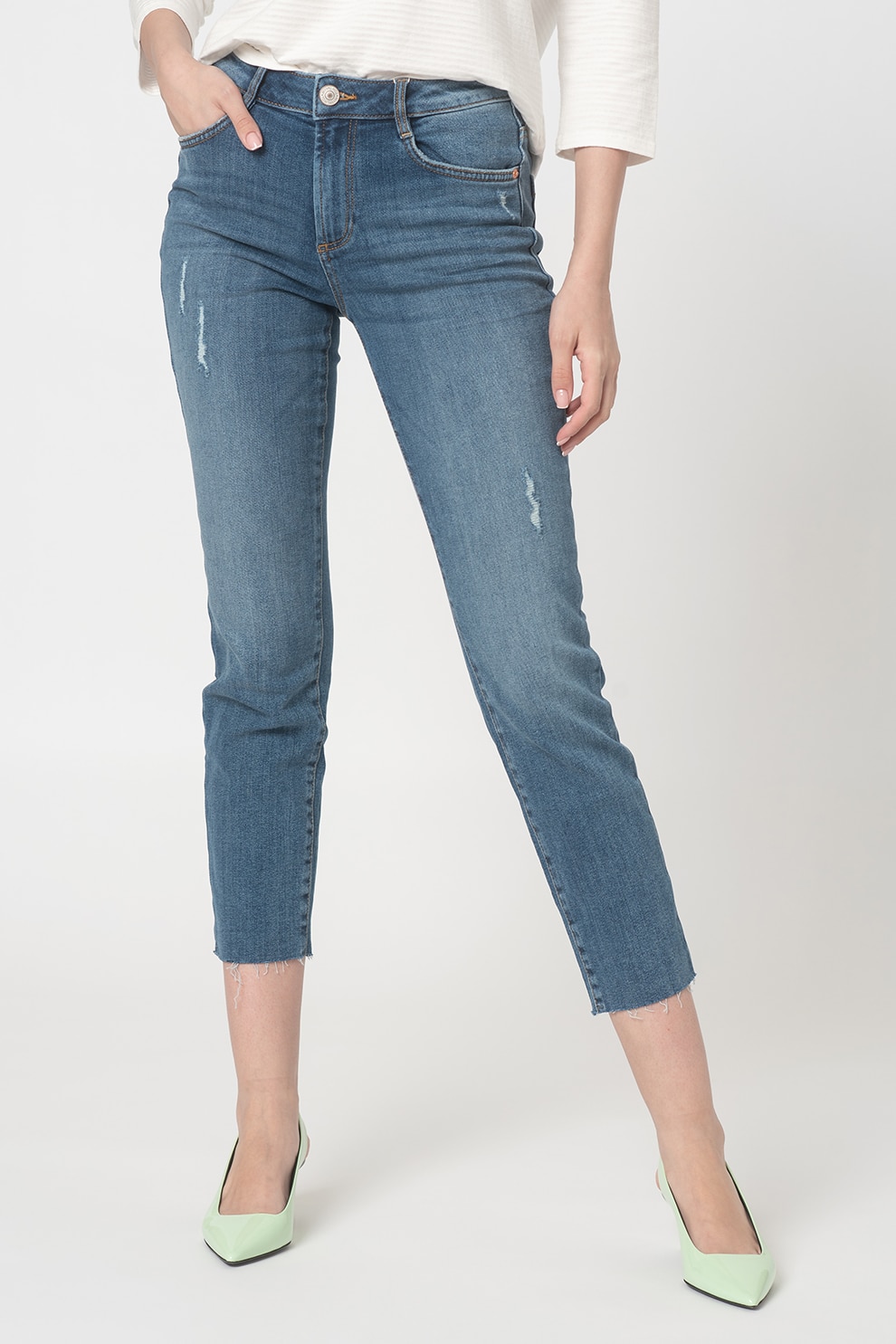Tom Tailor, Blugi crop slim fit Kate, Albastru inchis, 28