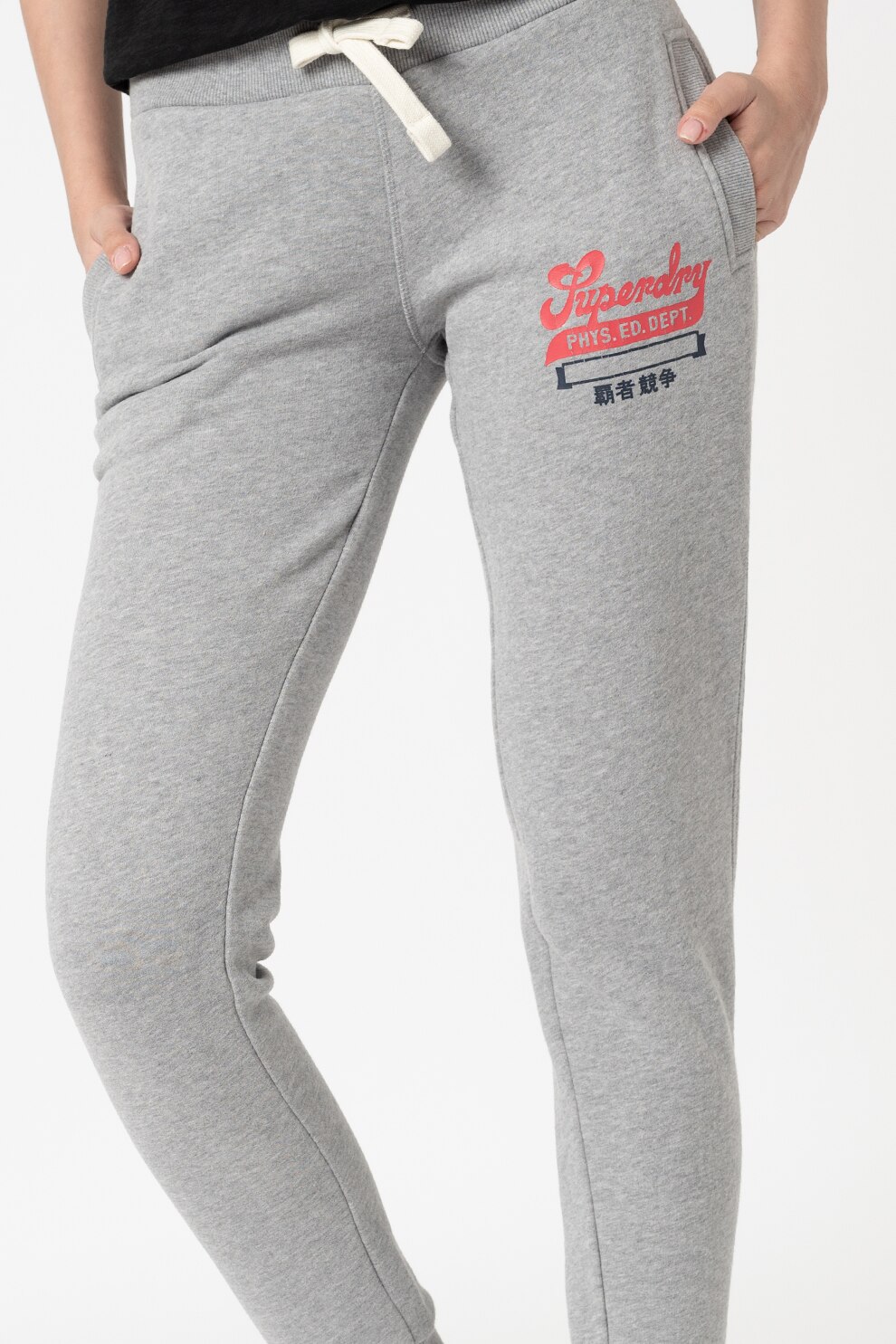 SUPERDRY, Pantaloni sport conici cu snur in talie, Gri melange