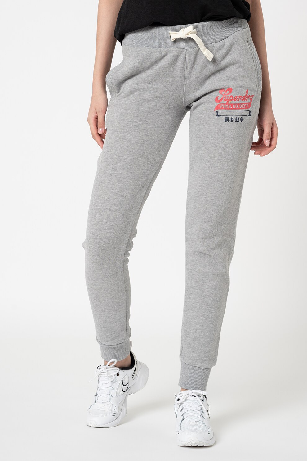SUPERDRY, Pantaloni sport conici cu snur in talie, Gri melange