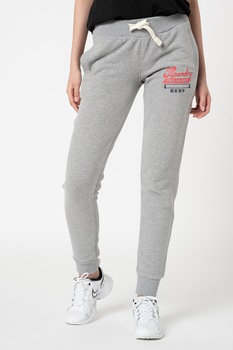 SUPERDRY, Pantaloni sport conici cu snur in talie, Gri melange SUPERDRY, Pantaloni sport conici cu snur in talie, Gri melange
