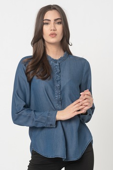 Tom Tailor, Bluza tip tunica din chambray din lyocell cu volane, Albastru inchis Tom Tailor, Bluza tip tunica din chambray din lyocell cu volane, Albastru inchis