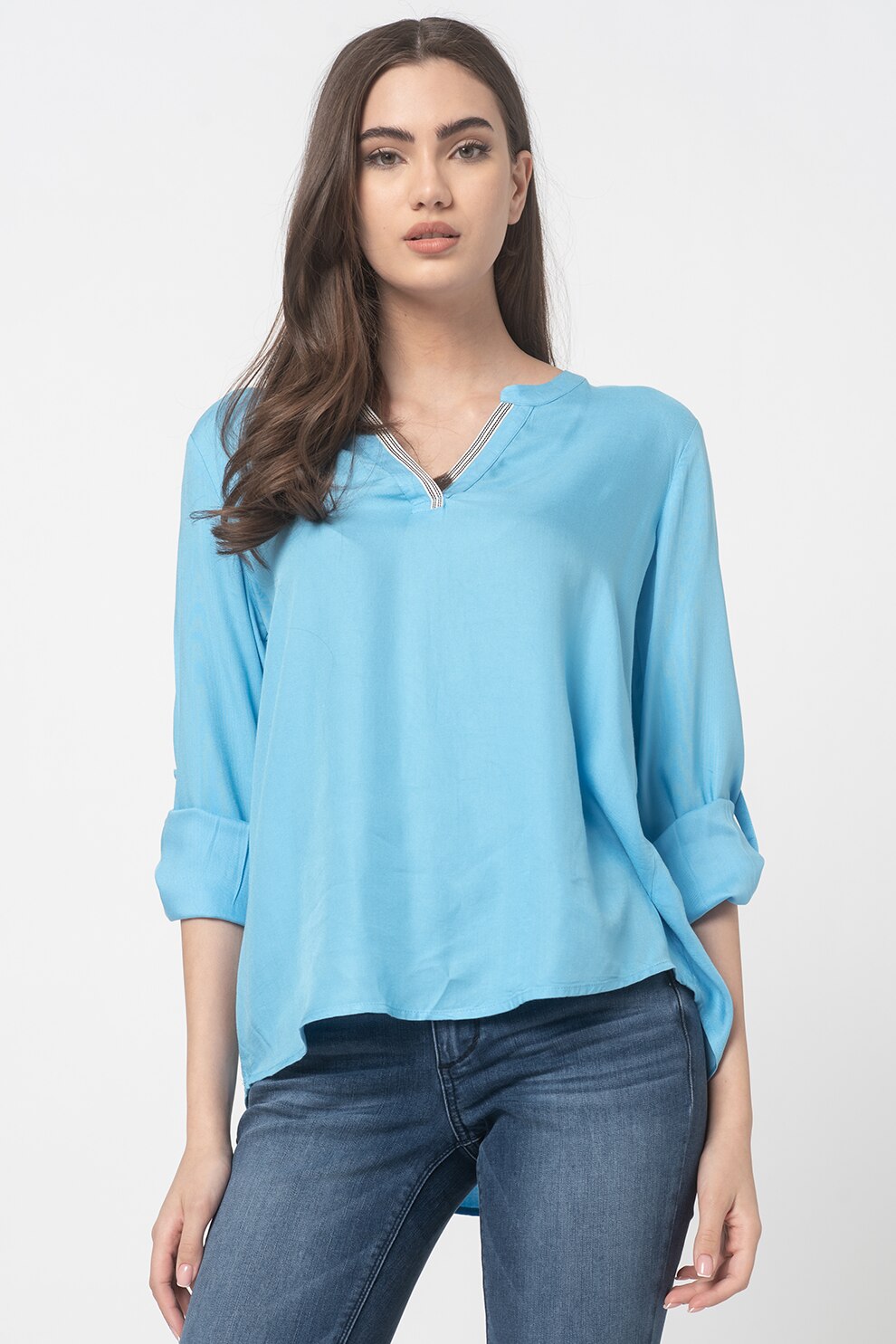 Tom Tailor, Bluza regular fit cu terminatie asimetrica, Albastru deschis