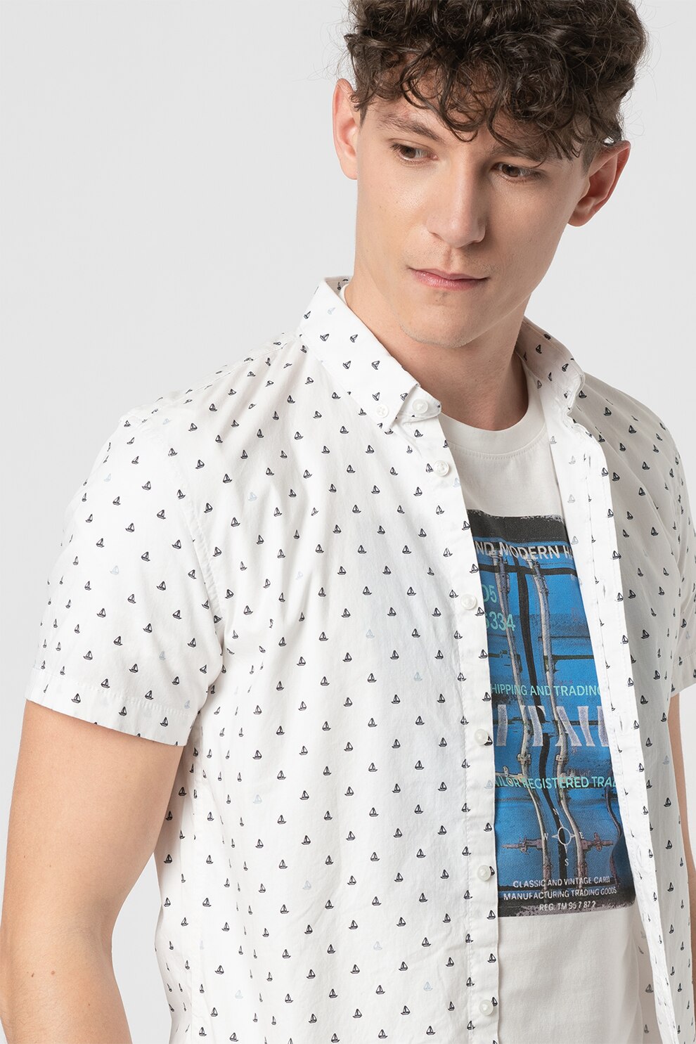 Tom Tailor, Camasa slim fit cu imprimeu, Alb/Bleumarin inchis