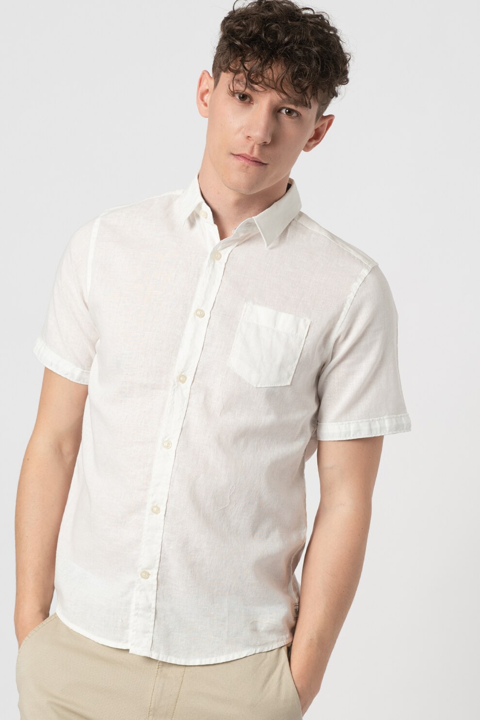 Tom Tailor, Camasa din amestec de in cu guler ascutit, Alb prafuit